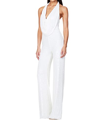 ORANDESIGNE Jumpsuit Damen Glänzend Brillant Einteiler Lang Overall Sommer Hosenanzug Ärmellos Rückenfrei Festival Party Playsuit Romper mit Weiten Beinen Z Weiß 40 von ORANDESIGNE