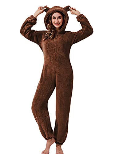 ORANDESIGNE Jumpsuit Damen Plüsch Pyjama Einfarbig Fleece Overall Onesie Kuschelig Lange Ärmel Einteiler Schlafanzug mit Kapuzen Freizeitanzug Set Flauschig Ganzkörperanzug A Braun XS von ORANDESIGNE