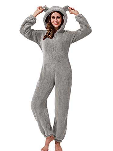 ORANDESIGNE Jumpsuit Damen Plüsch Pyjama Einfarbig Fleece Overall Onesie Kuschelig Lange Ärmel Einteiler Schlafanzug mit Kapuzen Freizeitanzug Set Flauschig Ganzkörperanzug A Grau XS von ORANDESIGNE