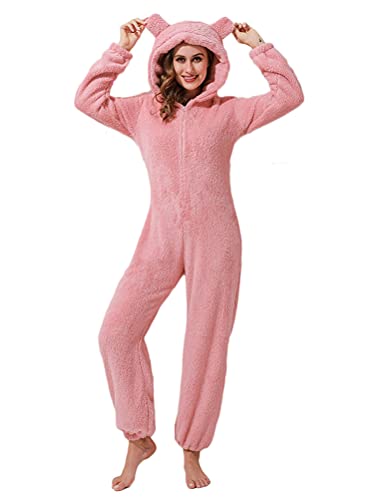 ORANDESIGNE Jumpsuit Damen Plüsch Pyjama Einfarbig Fleece Overall Onesie Kuschelig Lange Ärmel Einteiler Schlafanzug mit Kapuzen Freizeitanzug Set Flauschig Ganzkörperanzug A Rosa M von ORANDESIGNE