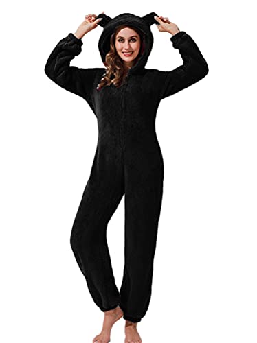 ORANDESIGNE Jumpsuit Damen Plüsch Pyjama Einfarbig Fleece Overall Onesie Kuschelig Lange Ärmel Einteiler Schlafanzug mit Kapuzen Freizeitanzug Set Flauschig Ganzkörperanzug A Schwarz L von ORANDESIGNE