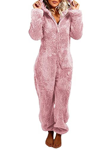 ORANDESIGNE Jumpsuit Damen Plüsch Pyjama Einfarbig Fleece Overall Onesie Kuschelig Lange Ärmel Einteiler Schlafanzug mit Kapuzen Freizeitanzug Set Flauschig Ganzkörperanzug B Rosa L von ORANDESIGNE