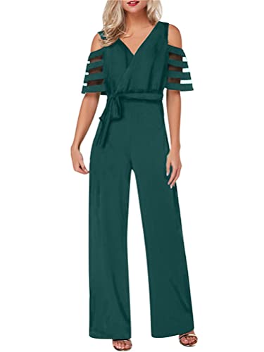 ORANDESIGNE Jumpsuit Damen Sommer Schulterfreier Kurzarm Jumpsuit mit V-Ausschnitt Playsuit Romper mit Gürtel 01-armeegrün XL von ORANDESIGNE