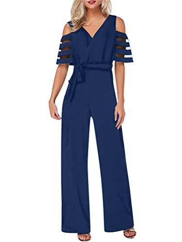 ORANDESIGNE Jumpsuit Damen Sommer Schulterfreier Kurzarm Jumpsuit mit V-Ausschnitt Playsuit Romper mit Gürtel 01-dunkelblau XL von ORANDESIGNE