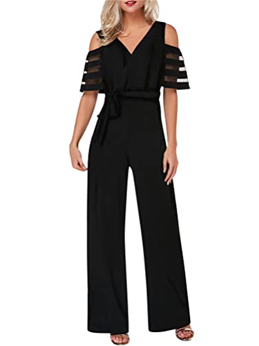 ORANDESIGNE Jumpsuit Damen Sommer Schulterfreier Kurzarm Jumpsuit mit V-Ausschnitt Playsuit Romper mit Gürtel 01-schwarz L von ORANDESIGNE