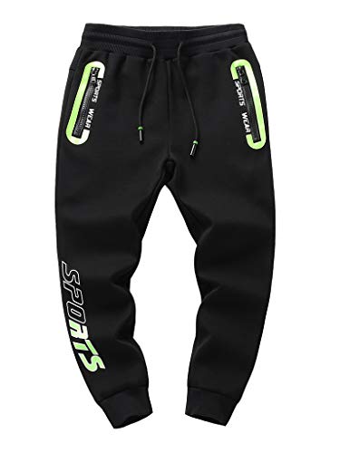 ORANDESIGNE Jungen Hose Verdicken Warm Kordelzug Tasche mit Reißverschluss Briefdruck Reflektierendes Zeichen Kinder Sweathose Jogginghose Sporthose Thermohose B Schwarz 150 von ORANDESIGNE