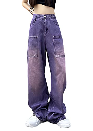 ORANDESIGNE K Violett Damen Cargohose Baggy Hohe Taille Gerade Breites Bein Baggy Denim Hosen Y2k Aesthetic Vintage Lang Freizeithose 90er E-Girl Streetwear XL von ORANDESIGNE