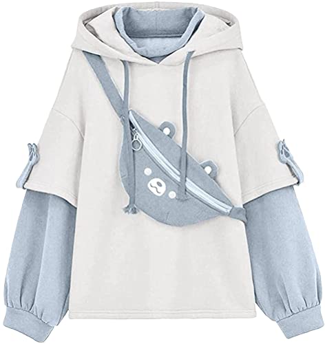 ORANDESIGNE Kapuzenpullover Damen Casual Cute Bär-Anime Hoodie Kawaii Cartoon Locker Pullover Frauen Sweatshirt Herbst Winter Kleidung Tops mit Bär Kawaii Schultertaschen Blau XL von ORANDESIGNE