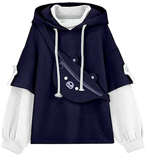 ORANDESIGNE Kapuzenpullover Damen Casual Cute Bär-Anime Hoodie Kawaii Cartoon Locker Pullover Frauen Sweatshirt Herbst Winter Kleidung Tops mit Bär Kawaii Schultertaschen Dunkelblau L von ORANDESIGNE