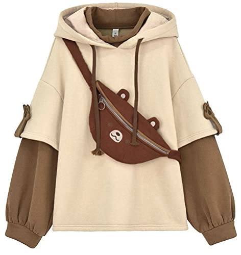 ORANDESIGNE Kapuzenpullover Damen Casual Cute Bär-Anime Hoodie Kawaii Cartoon Locker Pullover Frauen Sweatshirt Herbst Winter Kleidung Tops mit Bär Kawaii Schultertaschen Khaki XS von ORANDESIGNE