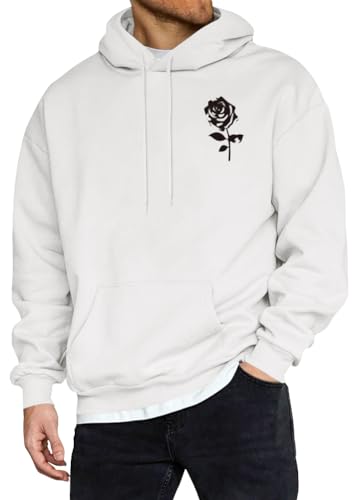 ORANDESIGNE Kapuzenpullover Herren Hoodie Männer Rose Drucken Sweatshirt Streetwear Sweatjacke Langarm Blumendruck Kapuzenpulli Herbst Winter Freizeit Pullover mit Kordelzug A Weiß M von ORANDESIGNE