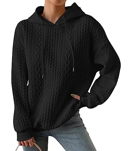 ORANDESIGNE Kapuzenpullover Strick Damen Warmer Hoodie Pullover Winter Eleganter Feinstrick Sweatshirt mit Kapuze Zopfmuster Strickpullover Schickes Oberteil Teenager Mädchen Sweater Schwarz XL von ORANDESIGNE