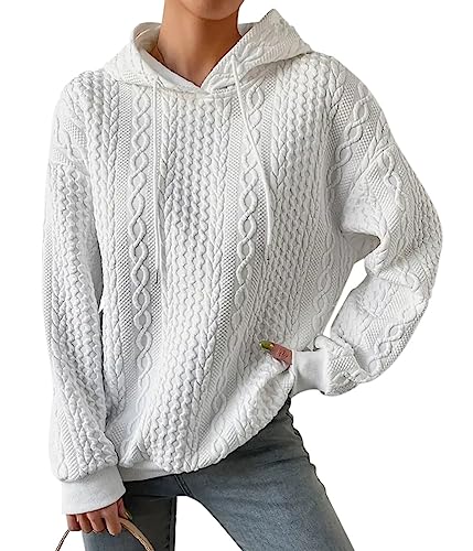 ORANDESIGNE Kapuzenpullover Strick Damen Warmer Hoodie Pullover Winter Eleganter Feinstrick Sweatshirt mit Kapuze Zopfmuster Strickpullover Schickes Oberteil Teenager Mädchen Sweater Weiß L von ORANDESIGNE