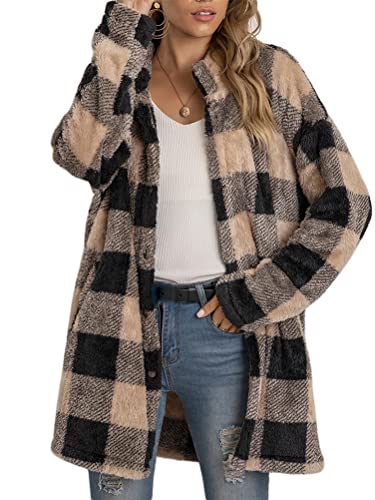 ORANDESIGNE Karierte Jacke Damen Winter Gefüttert Warm Teddy Plüschmantel Sherpa Fleece Winterjacke Lang Elegant Kunstfell Mantel Casual Outdoor Pelzmantel Khaki M von ORANDESIGNE