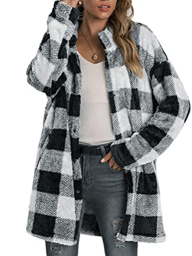 ORANDESIGNE Karierte Jacke Damen Winter Gefüttert Warm Teddy Plüschmantel Sherpa Winterjacke Lang Elegant Kunstfell Mantel Casual Outdoor Pelzmantel Blau 01 L von ORANDESIGNE