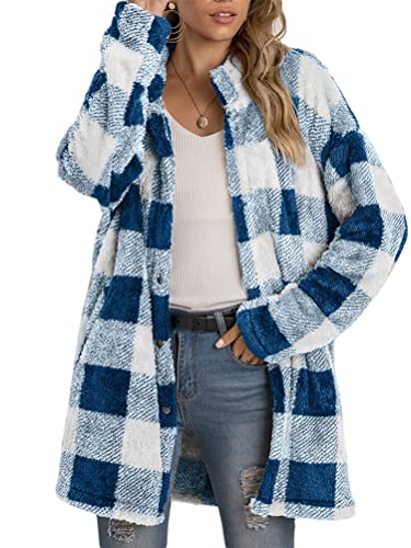 ORANDESIGNE Karierte Jacke Damen Winter Gefüttert Warm Teddy Plüschmantel Sherpa Winterjacke Lang Elegant Kunstfell Mantel Casual Outdoor Pelzmantel Blau 02 M von ORANDESIGNE