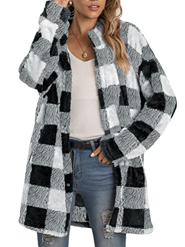 ORANDESIGNE Karierte Jacke Damen Winter Gefüttert Warm Teddy Plüschmantel Sherpa Winterjacke Lang Elegant Kunstfell Mantel Casual Outdoor Pelzmantel Grau M von ORANDESIGNE
