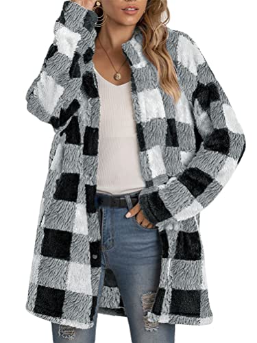 ORANDESIGNE Karierte Jacke Damen Winter Gefüttert Warm Teddy Plüschmantel Sherpa Winterjacke Lang Elegant Kunstfell Mantel Casual Outdoor Pelzmantel Grau XXL von ORANDESIGNE