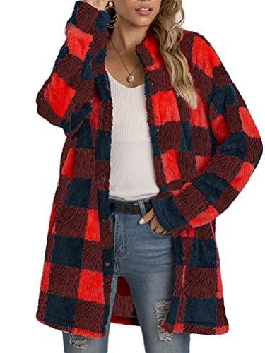 ORANDESIGNE Karierte Jacke Damen Winter Gefüttert Warm Teddy Plüschmantel Sherpa Winterjacke Lang Elegant Kunstfell Mantel Casual Outdoor Pelzmantel Rot S von ORANDESIGNE