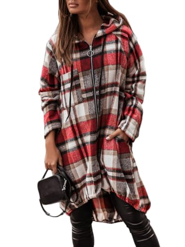 ORANDESIGNE Karierte Lange Jacke Damen Elegante Retro Kapuzenjacke Hemdjacke mit Kapuze Reißverschluss Kordelzug Tasche Knielanger Plaid Mantel Hoodie Sweatjacke A Rot XL von ORANDESIGNE