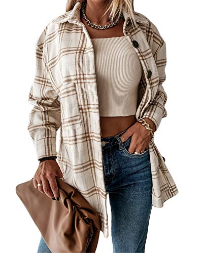 ORANDESIGNE Kariertes Taschen Knöpfen Langarm Oversize Bluse Mantel Hemdjacke Holzfällerjacke Damen Mode Beige S von ORANDESIGNE