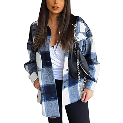 ORANDESIGNE Kariertes Taschen Knöpfen Langarm Oversize Bluse Mantel Hemdjacke Holzfällerjacke Damen Mode Boyfreind Hemdbluse Urban Style Freizeithemd A Blau S von ORANDESIGNE