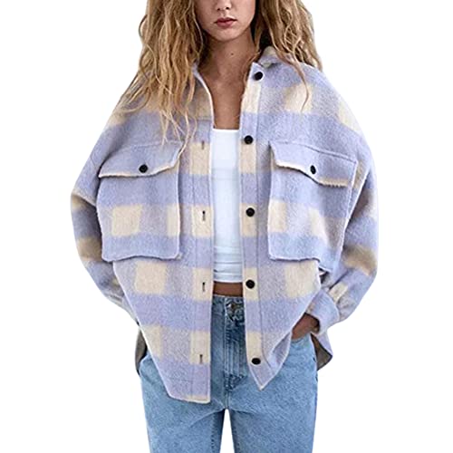 ORANDESIGNE Kariertes Taschen Knöpfen Langarm Oversize Bluse Mantel Hemdjacke Holzfällerjacke Damen Mode Boyfreind Hemdbluse Urban Style Freizeithemd G Violett L von ORANDESIGNE