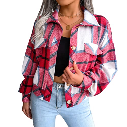 ORANDESIGNE Kariertes Taschen Knöpfen Langarm Oversize Bluse Mantel Hemdjacke Holzfällerjacke Damen Mode H Rot L von ORANDESIGNE