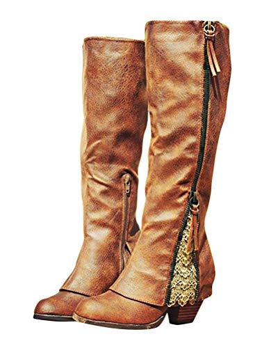 ORANDESIGNE Khaki Runde Zehe Blockabsatz Spitze Reißverschluss Stiefel mit Mittlerer Ferse Damen Schuhe Schlupfstiefel 41 EU F Khaki von ORANDESIGNE