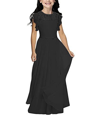 ORANDESIGNE Kinder Boho Spitzenkleid Prinzessin Kleid mit Bindegürtel Mädchen Chic A-Linie Lang Blumenmädchenkleider Brautjungfernkleid B Schwarz 150 von ORANDESIGNE