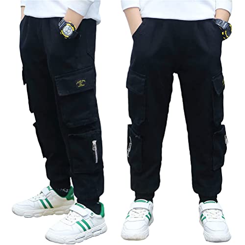 ORANDESIGNE Kinder Junge Cargo Jogginghose Cargohosen Freizeithosen Arbeit Kampf Hosen Hip Hop Jogger Hosen Baggy Streetwear Punk Hose mit Mehrere Taschen C Schwarz 130 von ORANDESIGNE