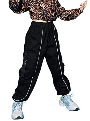 ORANDESIGNE Kinder Mädchen Cargohose Baggy Hose Jogginghose Sporthose Mit Taschen Kordelzug Trainingshose Hip Hop Jogger Freizeit Streetwear M Schwarz 150 von ORANDESIGNE