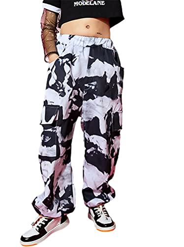 ORANDESIGNE Kinder Mädchen Cargohose Street Hip Hop Baggy Hose Jogginghose Sporthose Mit Taschen Kordelzug Elastische Taille Trainingshose Hip Hop Jogger Freizeit Streetwear B Schwarz 140 von ORANDESIGNE