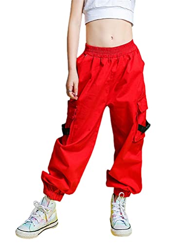 ORANDESIGNE Kinder Mädchen Cargohose Street Hip Hop Baggy Hose Jogginghose Sporthose Mit Taschen Kordelzug Elastische Taille Trainingshose Hip Hop Jogger Freizeit Streetwear J Rot 140 von ORANDESIGNE