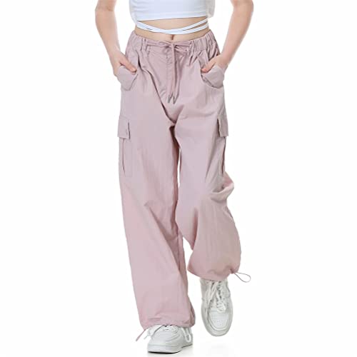 ORANDESIGNE Kinder Mädchen Y2K Baggy Cargohose Hip Hop Weites Bein Streetwear Hose mit Mehreren Taschen Vintage Jogger mit Verstellbarer Elastischer Taille A Hellrosa 170 von ORANDESIGNE