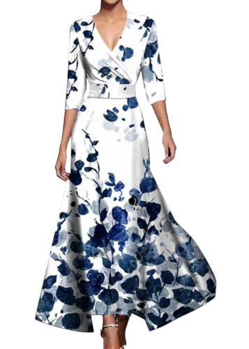 ORANDESIGNE Kleid Hochzeitsgast Damen Halbarm Hohe Taille Geblümtes Kleid Wickelkleid V-Ausschnitt Bedrucktes Damenkleider Elegant Sommerkleider Maxikleid Cocktail Langes Kleider A Blau L von ORANDESIGNE