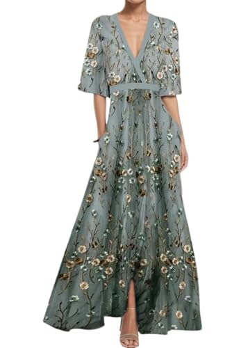 ORANDESIGNE Kleid Hochzeitsgast Damen Halbarm Hohe Taille Geblümtes Kleid Wickelkleid V-Ausschnitt Bedrucktes Damenkleider Elegant Sommerkleider Maxikleid Cocktail Langes Kleider A Grau XXL von ORANDESIGNE