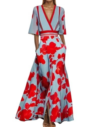 ORANDESIGNE Kleid Hochzeitsgast Damen Halbarm Hohe Taille Geblümtes Kleid Wickelkleid V-Ausschnitt Bedrucktes Damenkleider Elegant Sommerkleider Maxikleid Cocktail Langes Kleider A Rot M von ORANDESIGNE