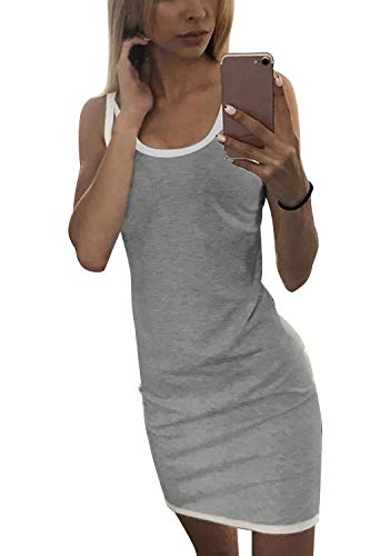 ORANDESIGNE Kleider Damen Sexy Ärmellos Sport Bodycon Kurz Partykleid Elegant Tief Geschnitten Ausschnitt Minikleid Tank Top Kleid A Grau 40 von ORANDESIGNE