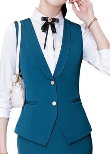 ORANDESIGNE Kostümwesten für Damen Anzugweste V-Ausschnitt Business Freizeit Weste Vintage Weste Tank Top Slim Fit Tops Blazers Weste mit Knöpfe Kellnerweste Anzugweste A Blau L von ORANDESIGNE