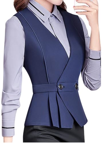 ORANDESIGNE Kostümwesten für Damen Anzugweste V-Ausschnitt Business Freizeit Weste Vintage Weste Tank Top Slim Fit Tops Blazers Weste mit Knöpfe Kellnerweste Anzugweste C Marine L von ORANDESIGNE