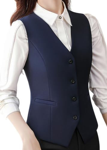 ORANDESIGNE Kostümwesten für Damen Anzugweste V-Ausschnitt Business Freizeit Weste Vintage Weste Tank Top Slim Fit Tops Blazers Weste mit Knöpfe Kellnerweste Anzugweste E Marine S von ORANDESIGNE