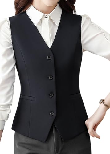 ORANDESIGNE Kostümwesten für Damen Anzugweste V-Ausschnitt Business Freizeit Weste Vintage Weste Tank Top Slim Fit Tops Blazers Weste mit Knöpfe Kellnerweste Anzugweste E Schwarz S von ORANDESIGNE