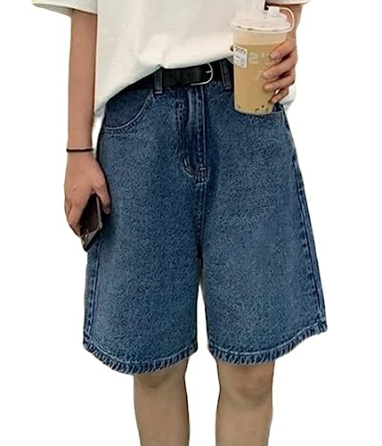 ORANDESIGNE Kurze Denim Hose Damen Knielang Bermuda Shorts Hohe Taille Denim Shorts Sommer Loose Fit Casual Harajuku Jeans Bermuda Shorts Y2k Biker Shorts Streetwear Koreanischer Stil A Blau L von ORANDESIGNE