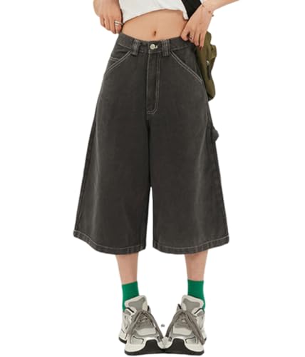 ORANDESIGNE Jorts Damen Kurze Denim Hose Sommer Bermuda Shorts Hohe Taille Loose Fit Casual Harajuku Jeans P Dunkelgrau M von ORANDESIGNE