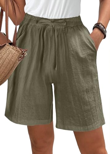 ORANDESIGNE Kurze Hose Damen Sommer Einfarbig Baumwolle Leinen Shorts Frauen Elastischer Bund Sporthose High Waist Kordelzug Freizeitshorts Elegant Lässige Strandshorts Mit Taschen A Armeegrün XXL von ORANDESIGNE