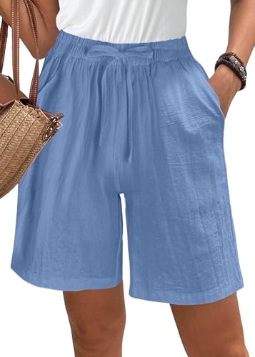 ORANDESIGNE Kurze Hose Damen Sommer Einfarbig Baumwolle Leinen Shorts Frauen Elastischer Bund Sporthose High Waist Kordelzug Freizeitshorts Elegant Lässige Strandshorts Mit Taschen A Blau XL von ORANDESIGNE