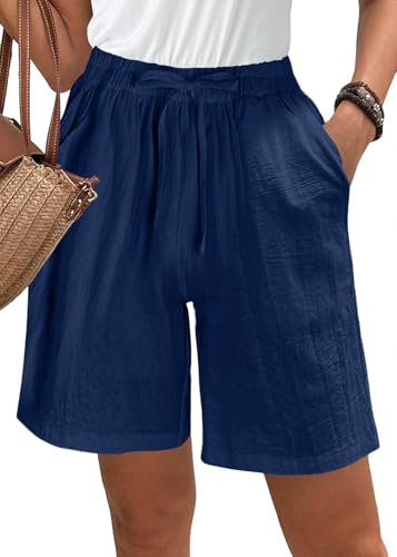 ORANDESIGNE Kurze Hose Damen Sommer Einfarbig Baumwolle Leinen Shorts Frauen Elastischer Bund Sporthose High Waist Kordelzug Freizeitshorts Elegant Lässige Strandshorts Mit Taschen A Dunkelblau M von ORANDESIGNE