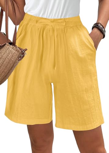 ORANDESIGNE Kurze Hose Damen Sommer Einfarbig Baumwolle Leinen Shorts Frauen Elastischer Bund Sporthose High Waist Kordelzug Freizeitshorts Elegant Lässige Strandshorts Mit Taschen A Gelb XL von ORANDESIGNE