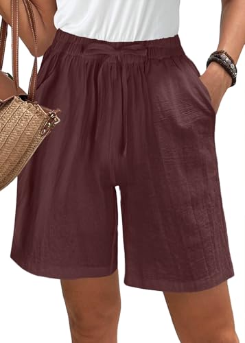 ORANDESIGNE Kurze Hose Damen Sommer Einfarbig Baumwolle Leinen Shorts Frauen Elastischer Bund Sporthose High Waist Kordelzug Freizeitshorts Elegant Lässige Strandshorts Mit Taschen A Kaffee XL von ORANDESIGNE